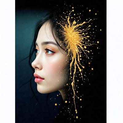 The primary subject of the image is a woman with a beautiful face. She is wearing makeup and has a gold-colored background. The visual style of the image is a combination of a photo and digital art, creating a unique and eye-catching effect. The colors and mood of the image are warm and inviting, with the gold background adding a touch of luxury and sophistication.